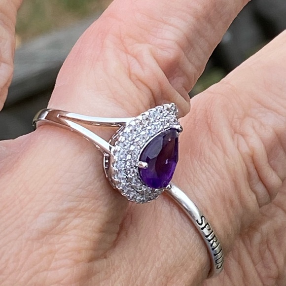 Amethyst teardrop halo ring platinum plated sz 7 brand new in box - Picture 12 of 16
